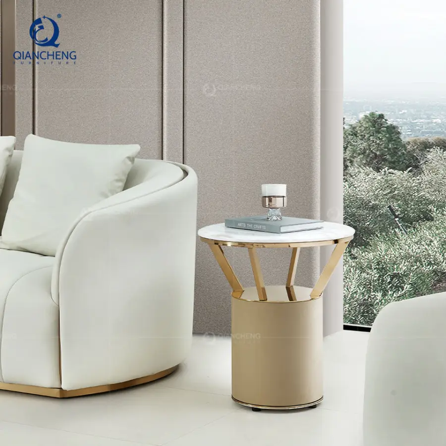 Oem Odm Marble Round Side Table American Modern Travertine Stone Coffee Table Bed Side Gold Layer Other Living Room Furn — view 1