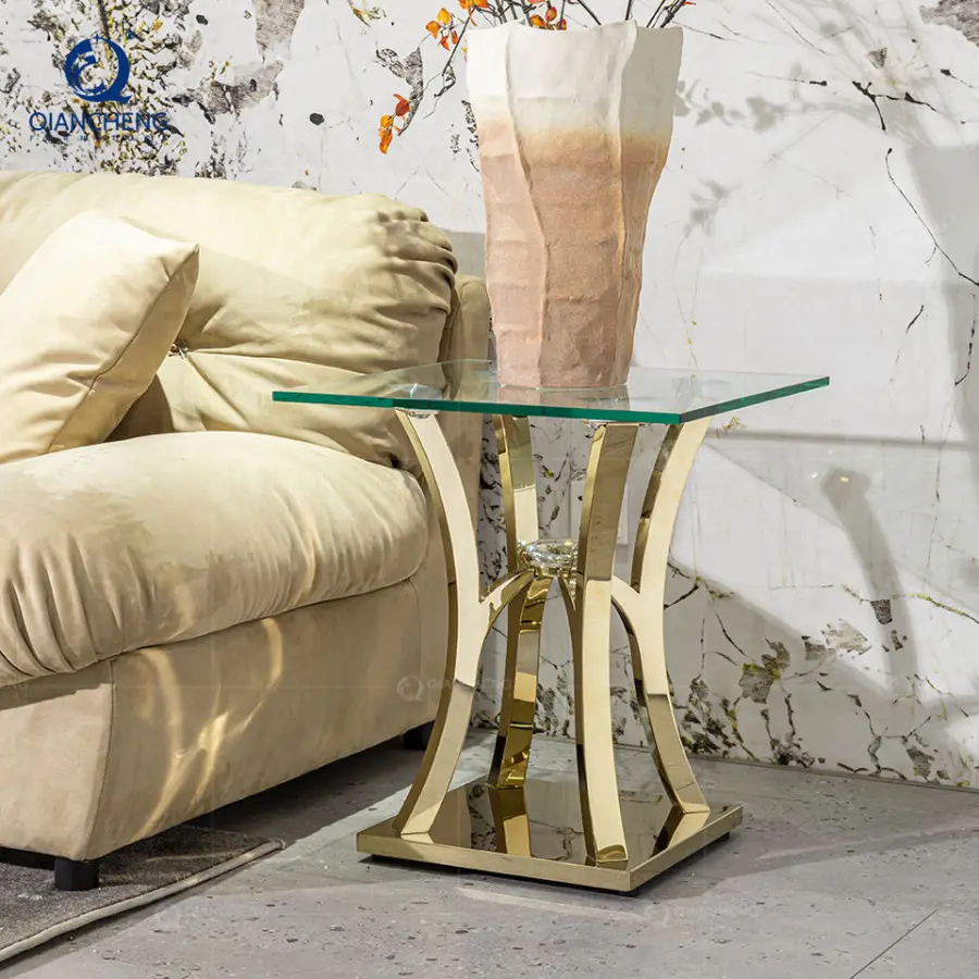 QIANCHENG High Quality Space Saving 50x50 Home Goods Glass Top Crushed Diamond Mirrored square Gold Coffee Table — image 3