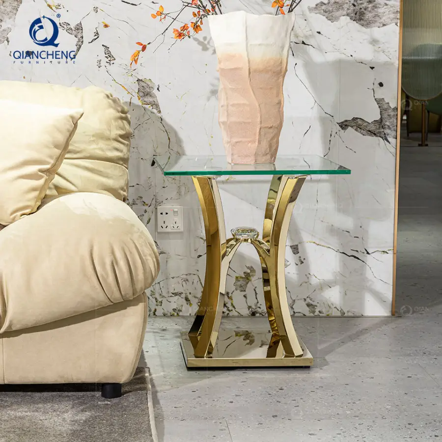 QIANCHENG High Quality Space Saving 50x50 Home Goods Glass Top Crushed Diamond Mirrored square Gold Coffee Table — image 4