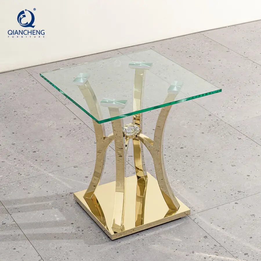 QIANCHENG High Quality Space Saving 50x50 Home Goods Glass Top Crushed Diamond Mirrored square Gold Coffee Table — image 5