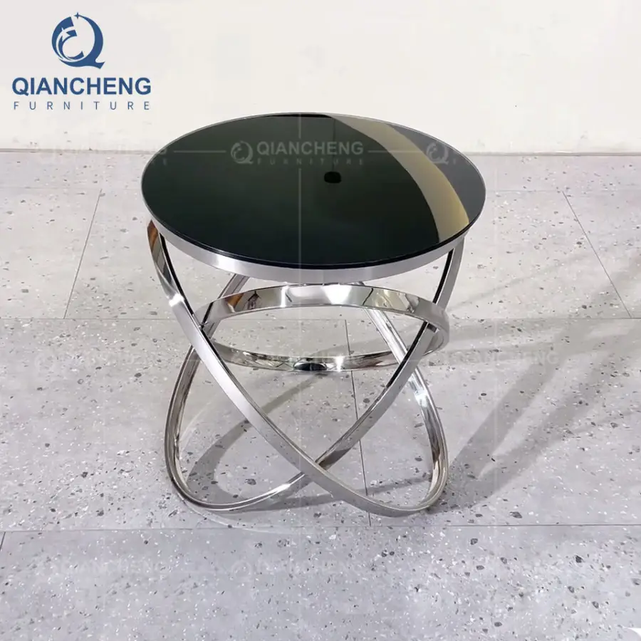 QIANCHENG Luxury Home Factory Supplier Wholesale Price Nightstands Black Glass Silver Stainless Side Table for Living Ro — view 1