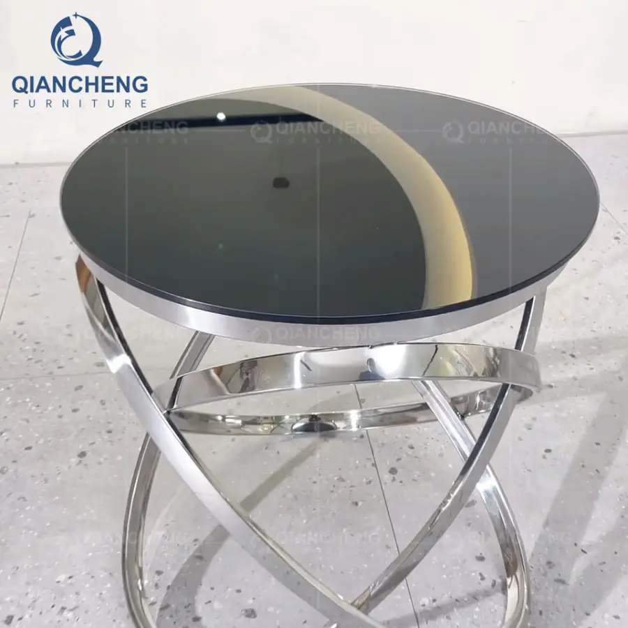 QIANCHENG Luxury Home Factory Supplier Wholesale Price Nightstands Black Glass Silver Stainless Side Table for Living Room — image 3