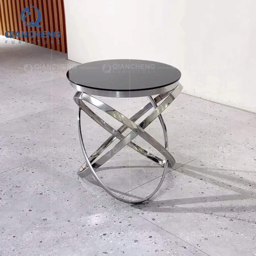 QIANCHENG Luxury Home Factory Supplier Wholesale Price Nightstands Black Glass Silver Stainless Side Table for Living Room — image 4