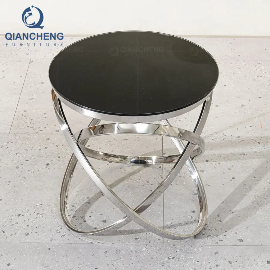 QIANCHENG Luxury Home Factory Supplier Wholesale Price Nightstands Black Glass Silver Stainless Side Table for Living Room — image 5
