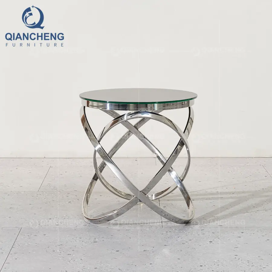 QIANCHENG Luxury Home Factory Supplier Wholesale Price Nightstands Black Glass Silver Stainless Side Table for Living Room — image 6