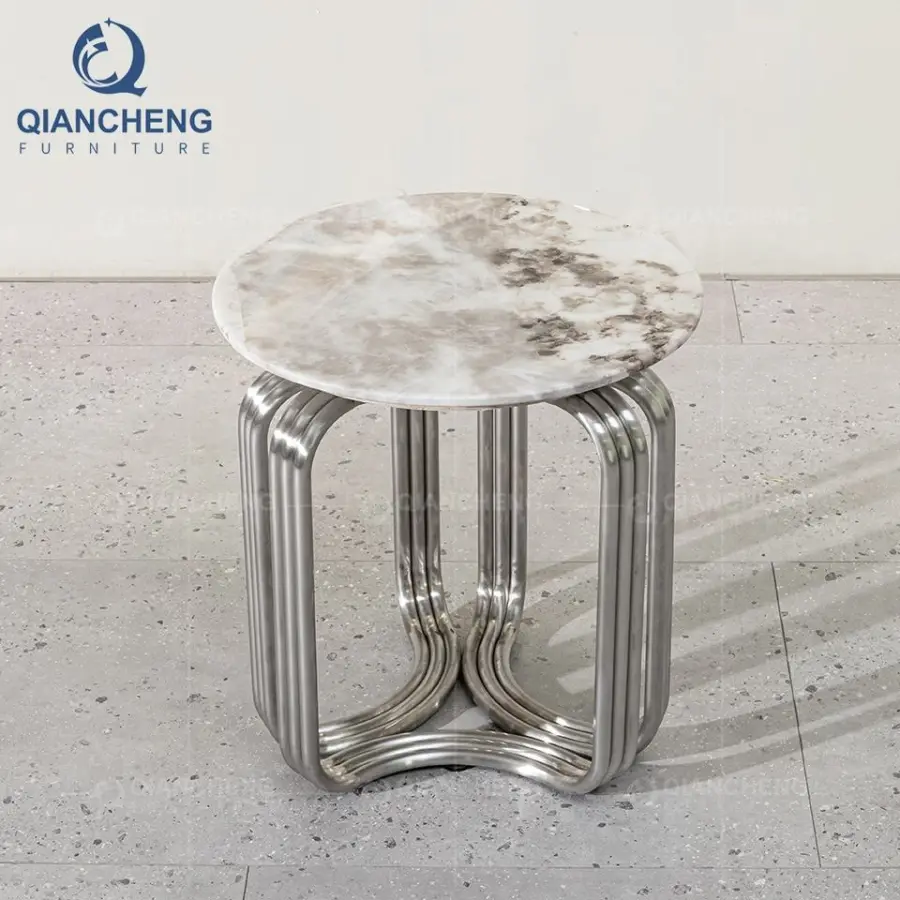 QIANCHENG Stainless Steel Silver Chrome China Oem Home Furniture Supplier Marble Round Slim Side Table — view 1