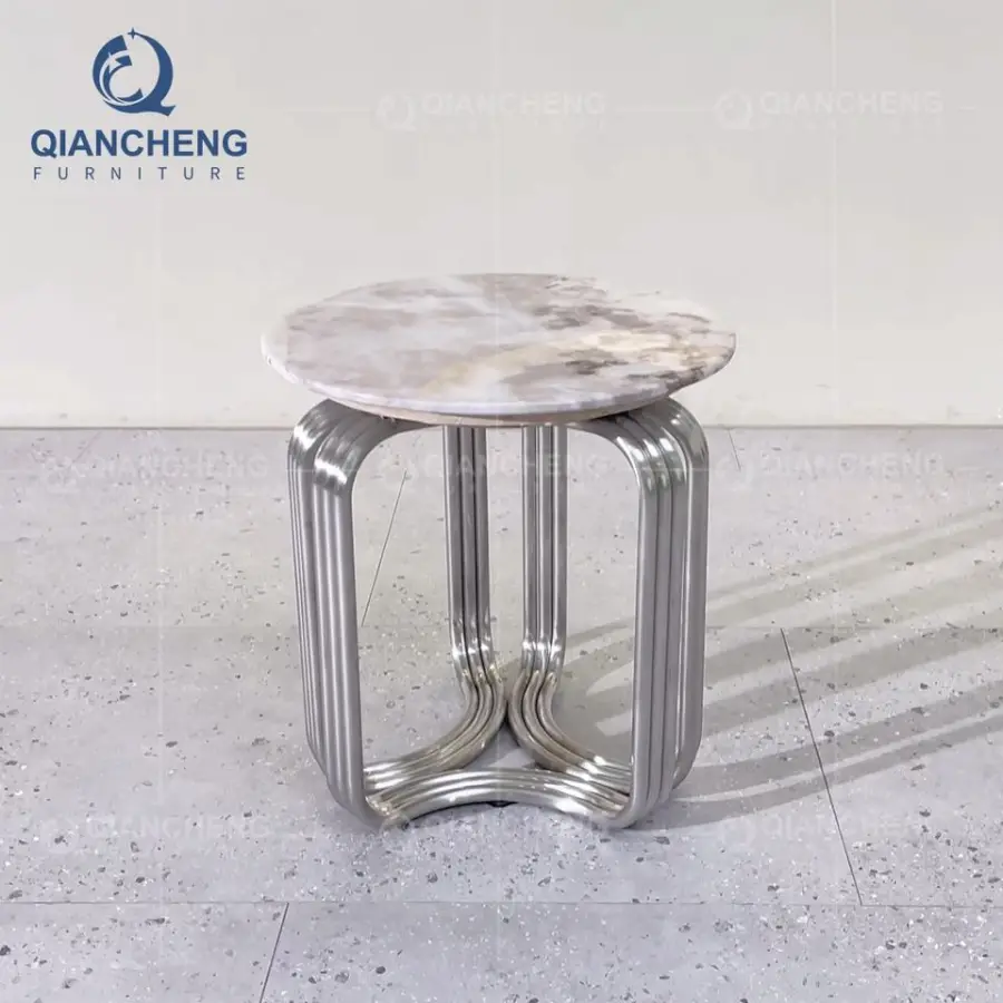 QIANCHENG Stainless Steel Silver Chrome China Oem Home Furniture Supplier Marble Round Slim Side Table — image 3