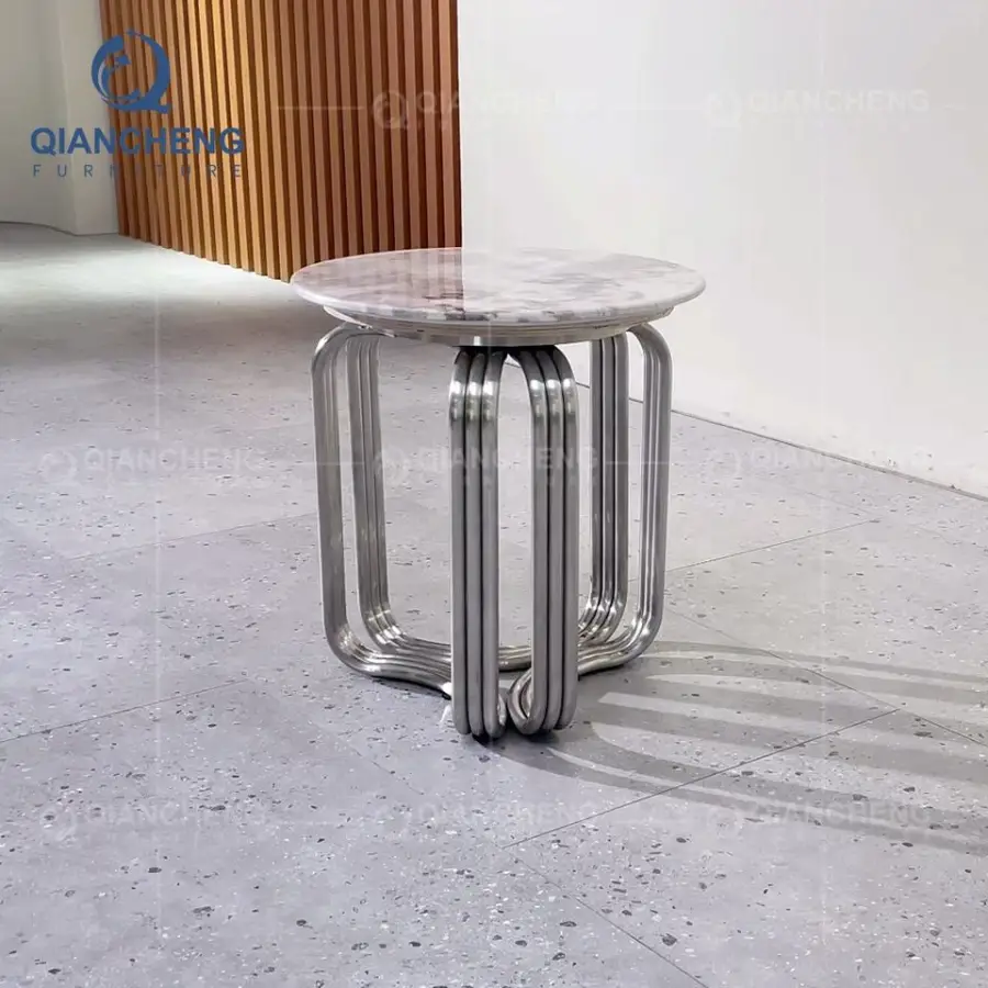 QIANCHENG Stainless Steel Silver Chrome China Oem Home Furniture Supplier Marble Round Slim Side Table — image 4