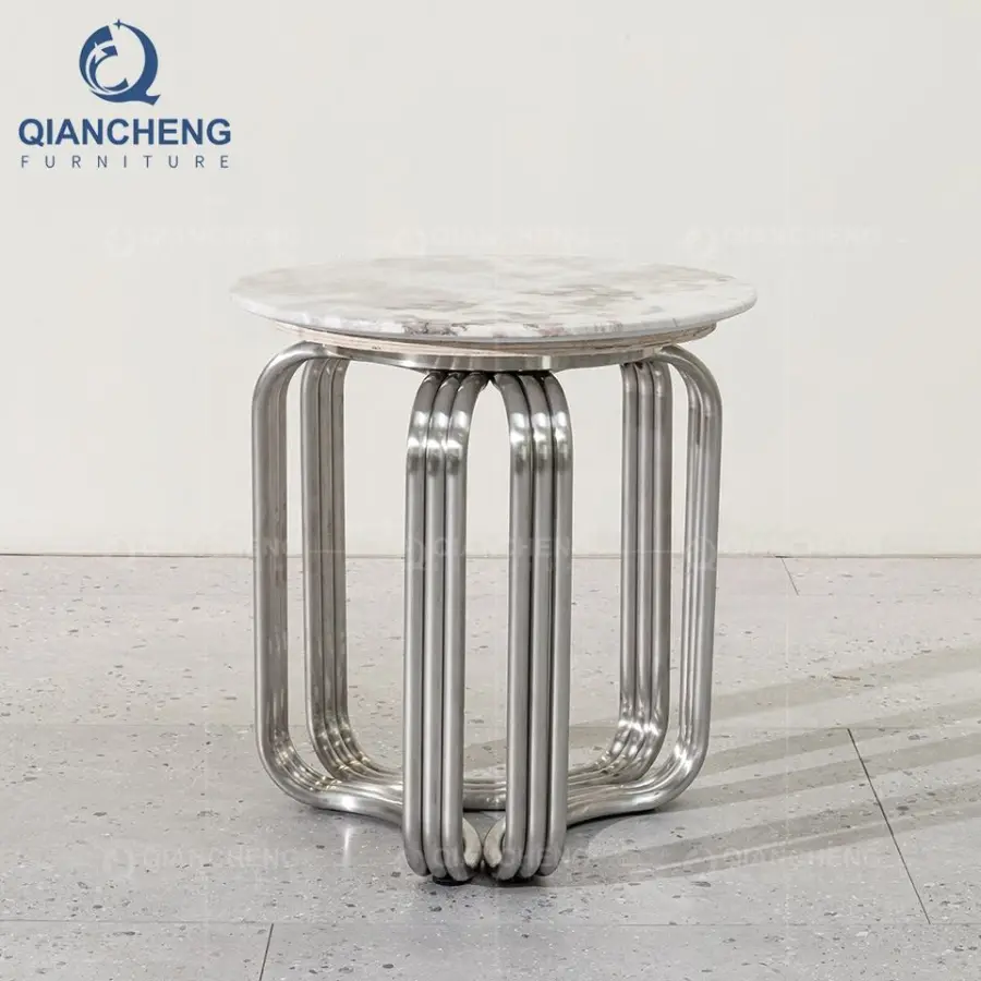 QIANCHENG Stainless Steel Silver Chrome China Oem Home Furniture Supplier Marble Round Slim Side Table — image 6