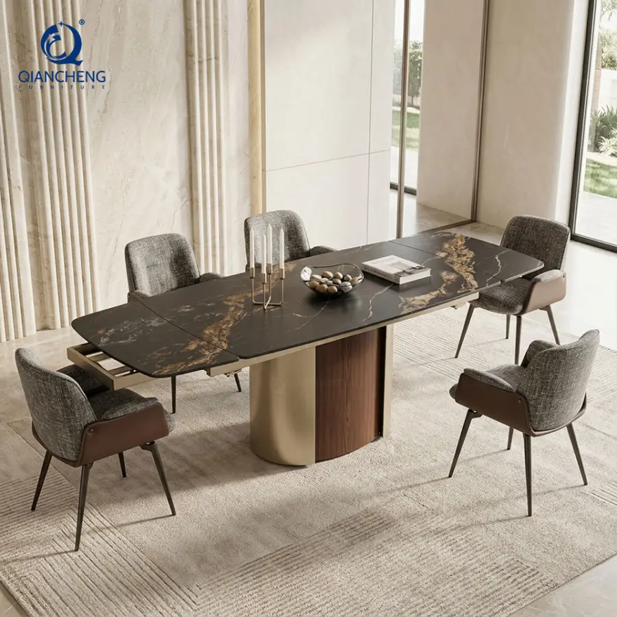 Sintered Stone Top Dining Table Set Guangdong Foshan Factory Extendable Dining Table for 8 Chairs with Carbon Steel Base — view 1