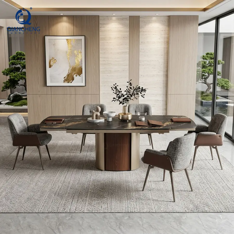 Sintered Stone Top Dining Table Set Guangdong Foshan Factory Extendable Dining Table for 8 Chairs with Carbon Steel Base — image 3