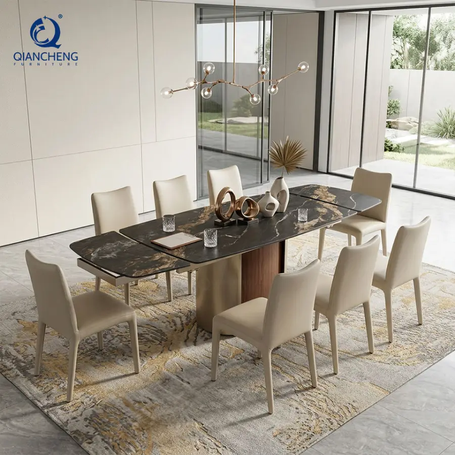 Sintered Stone Top Dining Table Set Guangdong Foshan Factory Extendable Dining Table for 8 Chairs with Carbon Steel Base — image 4