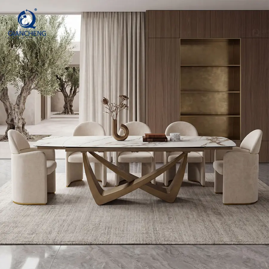 Hot Selling Dining Table with 8 Chairs 12mm Ceramic Marble Table Top Wholesale Modern Home Furniture Extendable Dining Table Set — image 3