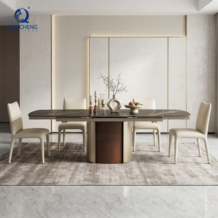 Sintered Stone Top Dining Table Set Guangdong Foshan Factory Extendable Dining Table for 8 Chairs with Carbon Steel Base — image 5