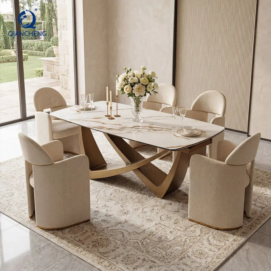 Hot Selling Dining Table with 8 Chairs 12mm Ceramic Marble Table Top Wholesale Modern Home Furniture Extendable Dining Table Set — image 4