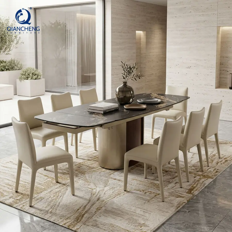 Sintered Stone Top Dining Table Set Guangdong Foshan Factory Extendable Dining Table for 8 Chairs with Carbon Steel Base — image 6