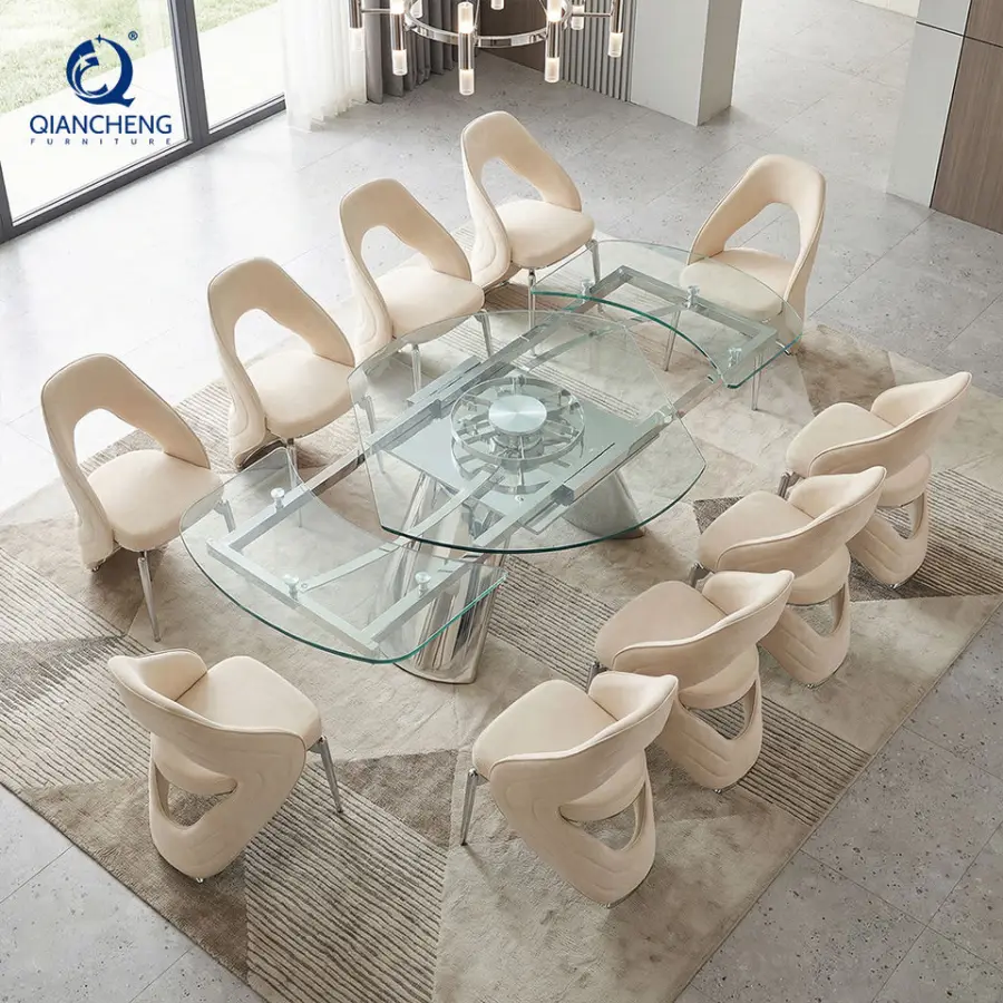 Modern Kitchen Multifunction Folding Rotating Expanding Dining Table Mechanical Geared Convertible Rotatable Glass Dinin — view 1