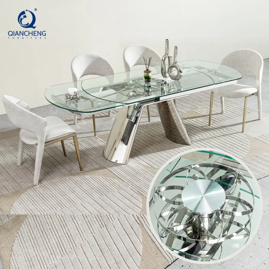 Modern Kitchen Multifunction Folding Rotating Expanding Dining Table Mechanical Geared Convertible Rotatable Glass Dining Set — image 4
