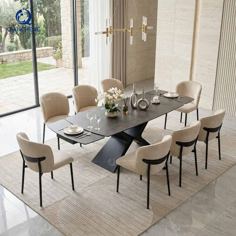QIANCHENG Extendable Dining Table Modern Foldable Direct From China Furniture Sintered Stone Top Black Dining Table Set — view 1