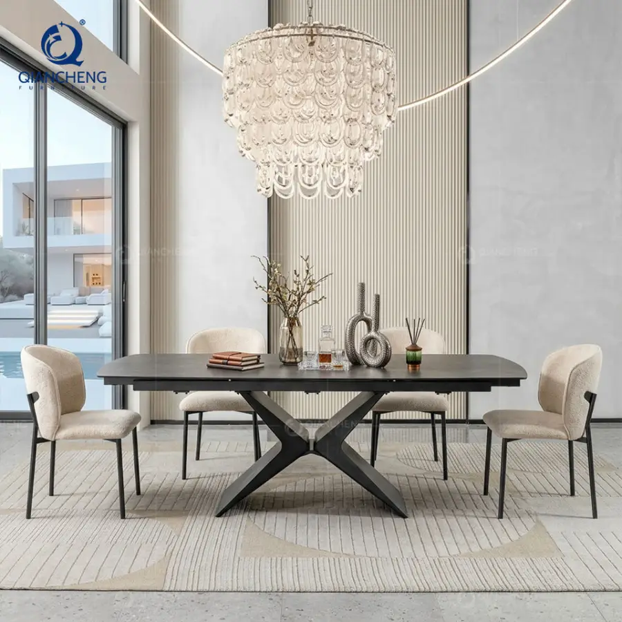 QIANCHENG Extendable Dining Table Modern Foldable Direct From China Furniture Sintered Stone Top Black Dining Table Set — image 3