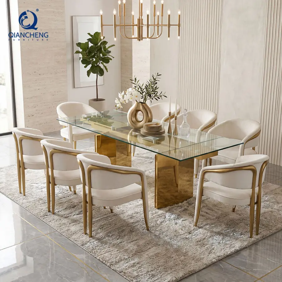 Manufacture Wholesale Modern Clear Tempered Glass Extendable Dining Table with Gold Finish Stainless Steel for Home Furn — view 1