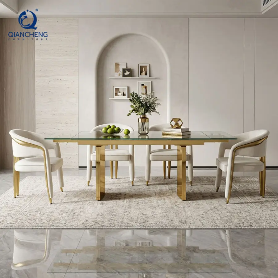 Manufacture Wholesale Modern Clear Tempered Glass Extendable Dining Table with Gold Finish Stainless Steel for Home Furniture — image 3