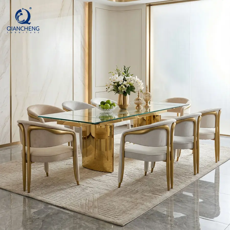 Manufacture Wholesale Modern Clear Tempered Glass Extendable Dining Table with Gold Finish Stainless Steel for Home Furniture — image 4