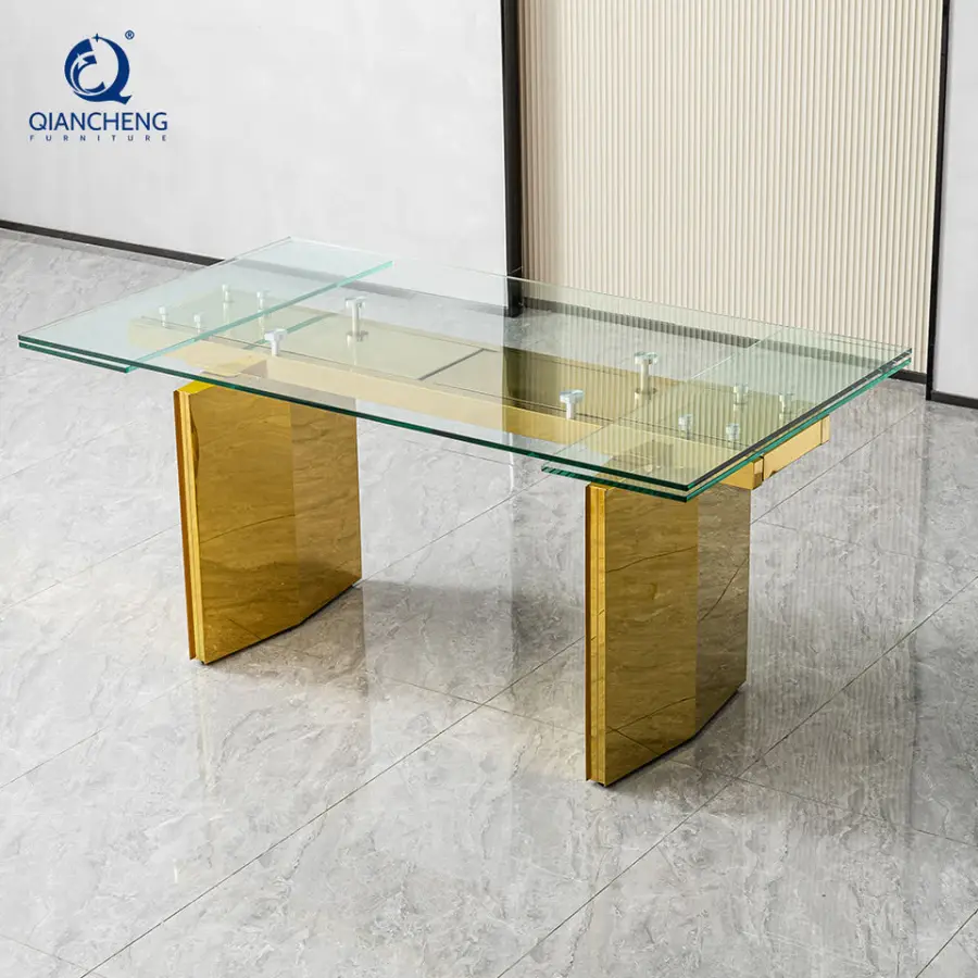 Manufacture Wholesale Modern Clear Tempered Glass Extendable Dining Table with Gold Finish Stainless Steel for Home Furniture — image 5