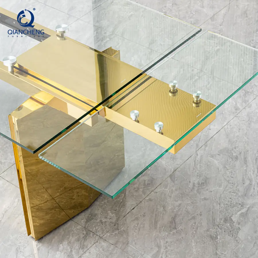 Manufacture Wholesale Modern Clear Tempered Glass Extendable Dining Table with Gold Finish Stainless Steel for Home Furniture — image 6