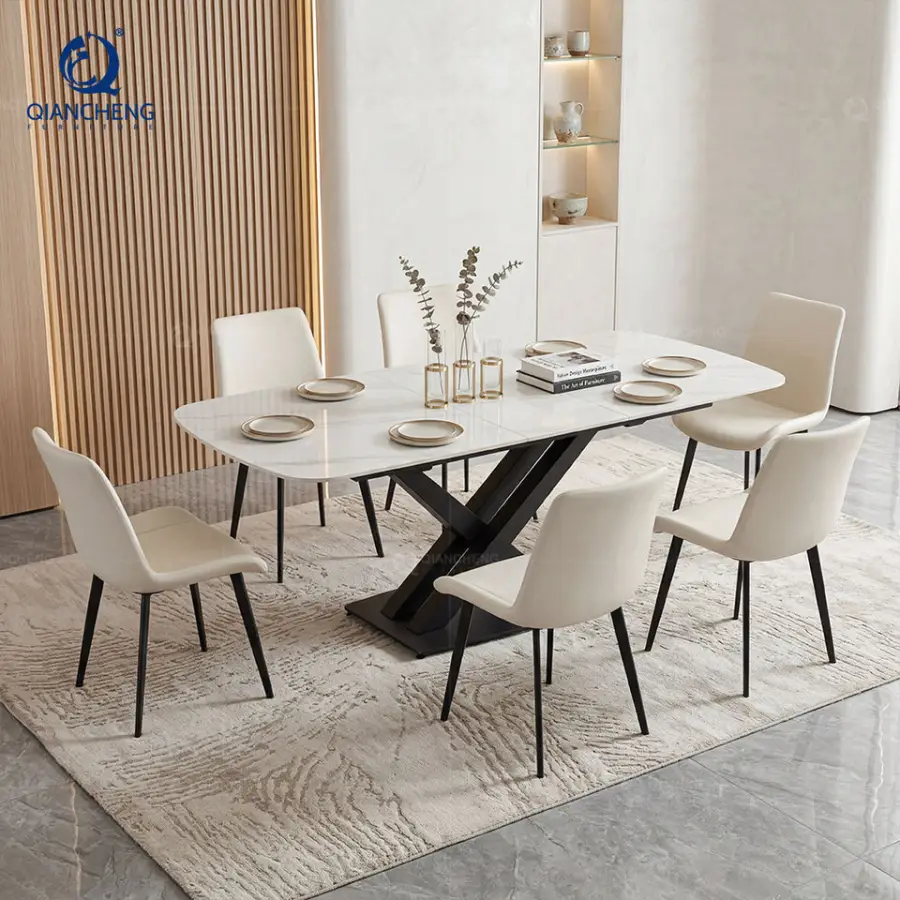 Customized Modern Furniture Space Saving Iron Metal Feet Dinning Table Stone Slate Top White Extendable Dining Table — image 3