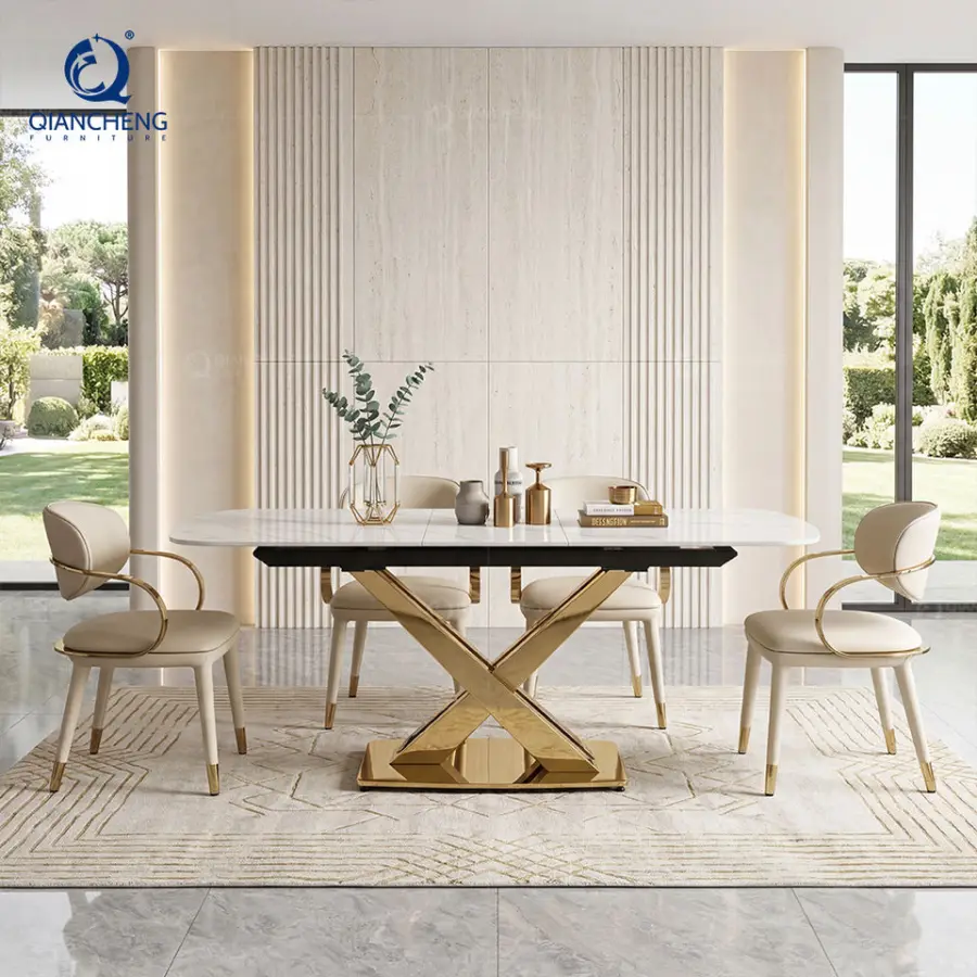 Customized Modern Furniture Space Saving Iron Metal Feet Dinning Table Stone Slate Top White Extendable Dining Table — image 4