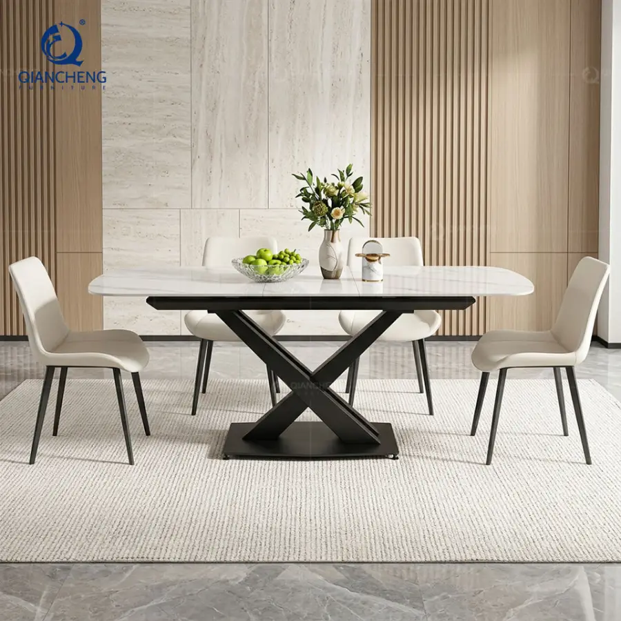 Customized Modern Furniture Space Saving Iron Metal Feet Dinning Table Stone Slate Top White Extendable Dining Table — image 5