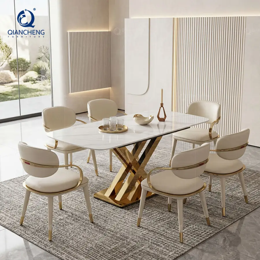 Customized Modern Furniture Space Saving Iron Metal Feet Dinning Table Stone Slate Top White Extendable Dining Table — image 6