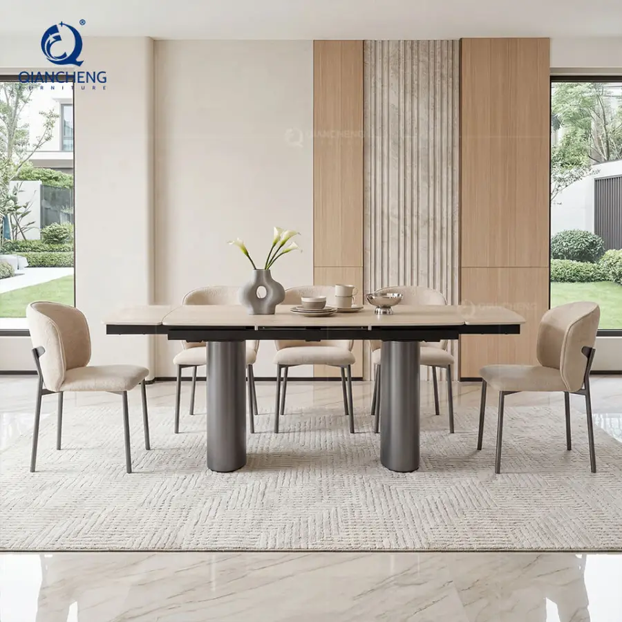 Modern Luxury Dining Room Furniture Black Metal Leg Rectangular Multifunctional Telescopic Rock Beam TOP Dining Table — image 3