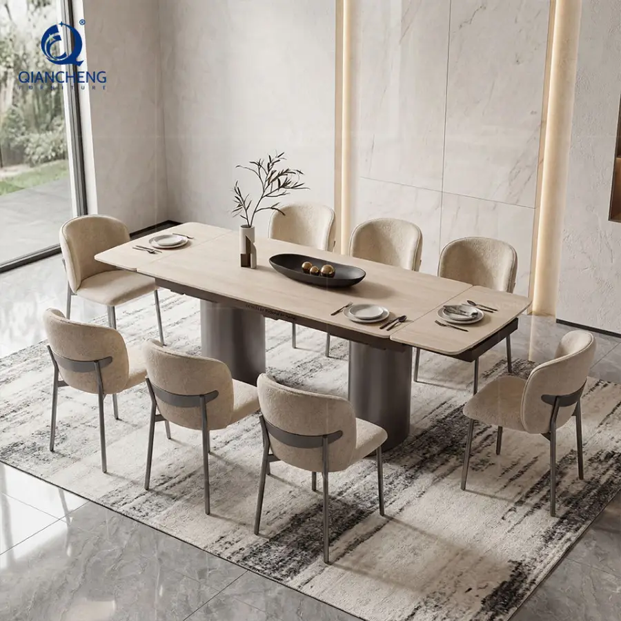 Modern Luxury Dining Room Furniture Black Metal Leg Rectangular Multifunctional Telescopic Rock Beam TOP Dining Table — image 4