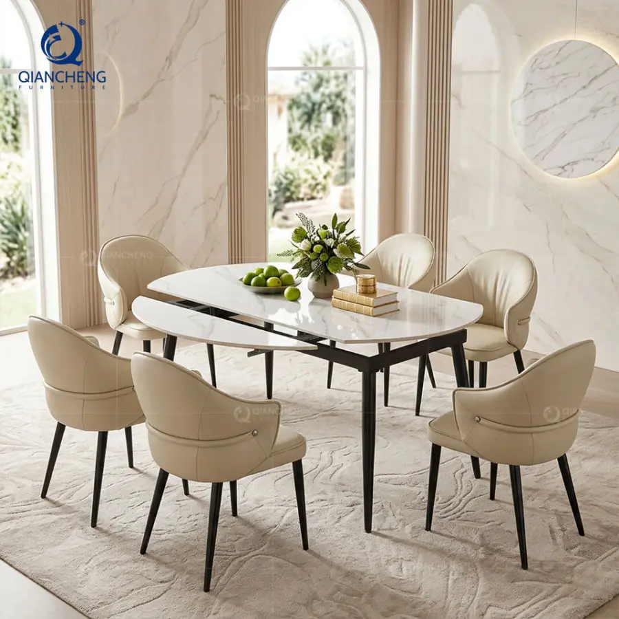 White Sintered Stone Extendable Round Dining Tables with Black Metal Legs for 4 to 6 Apartment Home Furniture Dining Roo — view 1