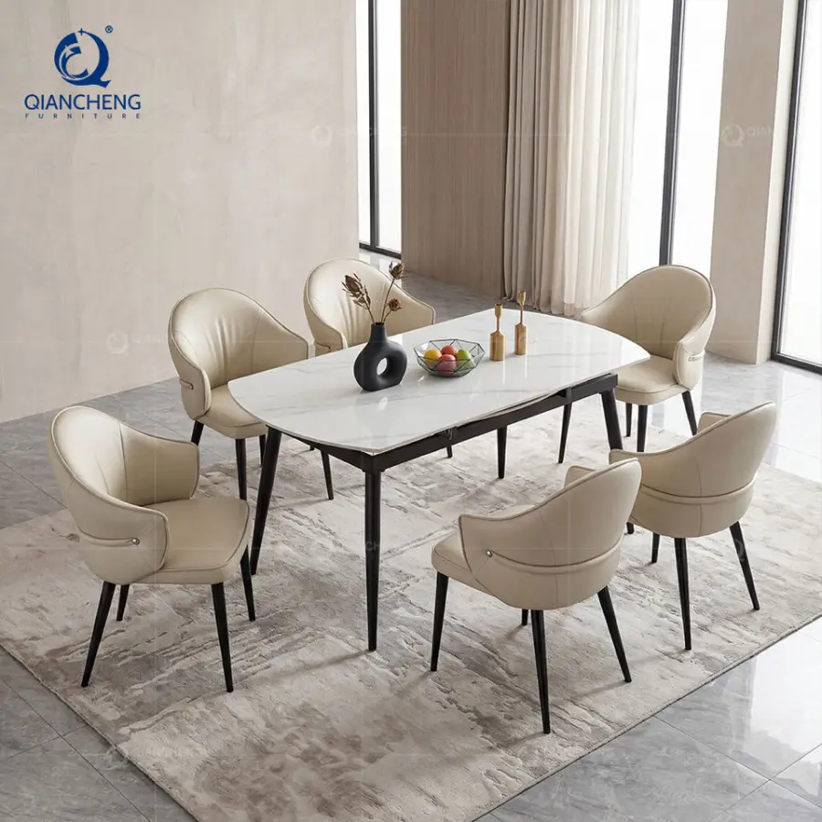 White Sintered Stone Extendable Round Dining Tables with Black Metal Legs for 4 to 6 Apartment Home Furniture Dining Room Table — image 3