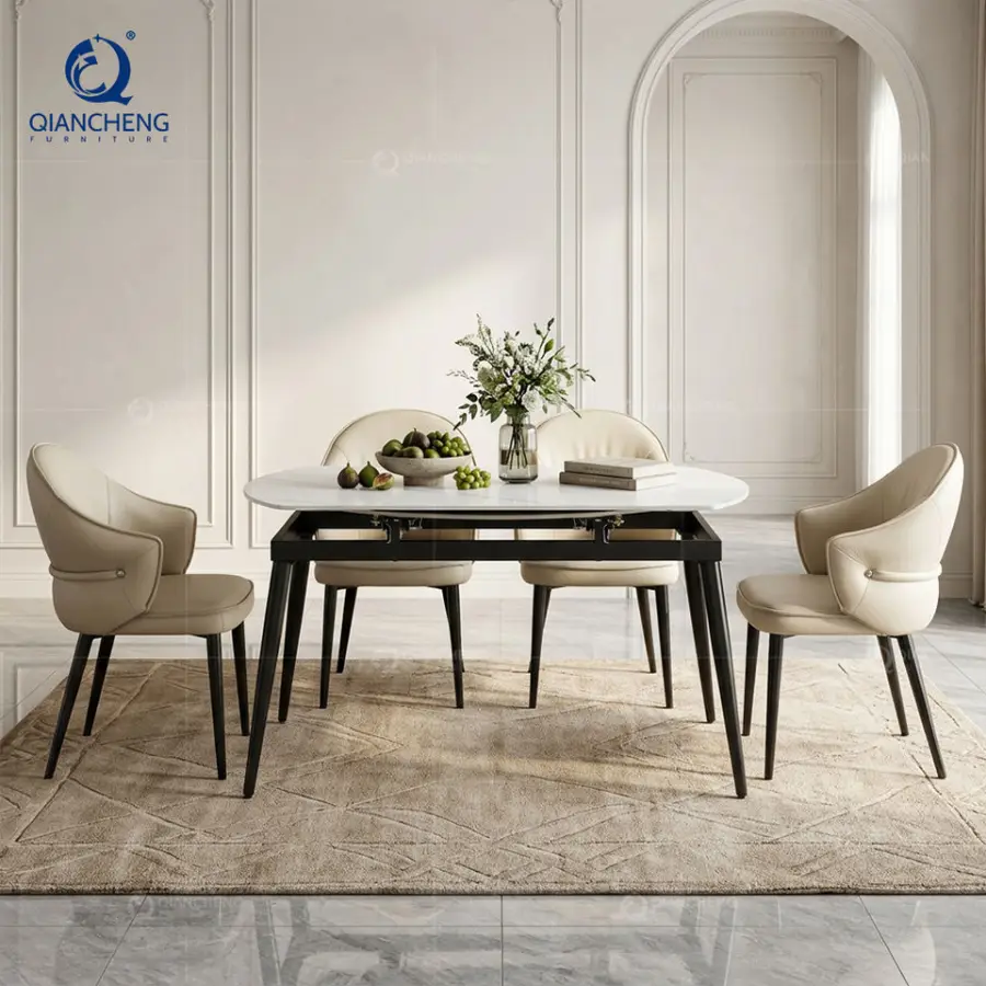 White Sintered Stone Extendable Round Dining Tables with Black Metal Legs for 4 to 6 Apartment Home Furniture Dining Room Table — image 5
