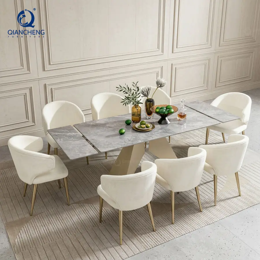 Luxury Modern Design Furniture Rock Slab Tempered Glass Extendable Swivel Dining Table Sintered Stone Esstisch Ausziehba — view 1