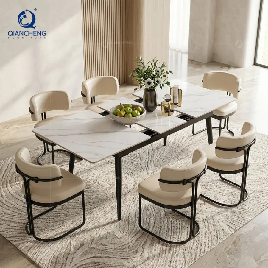 Modern Extendable Dining Table with Carbon Steel Base Sintered Stone Top for Home Restaurant Hotel Use Multi-Seat Config — view 1