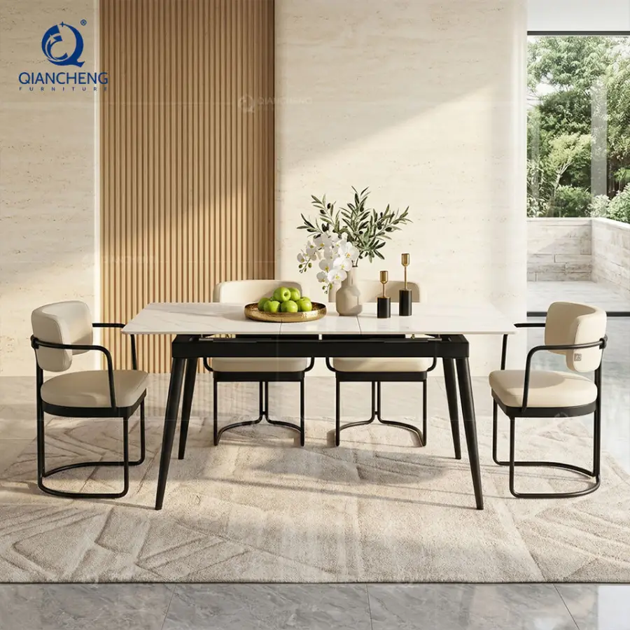 Modern Extendable Dining Table with Carbon Steel Base Sintered Stone Top for Home Restaurant Hotel Use Multi-Seat Configuration — image 3