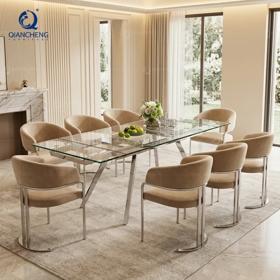 Wholesale Stainless Steel Dinner Table clear Glass Extending Dining Room Chairs and Tables Sets — view 1