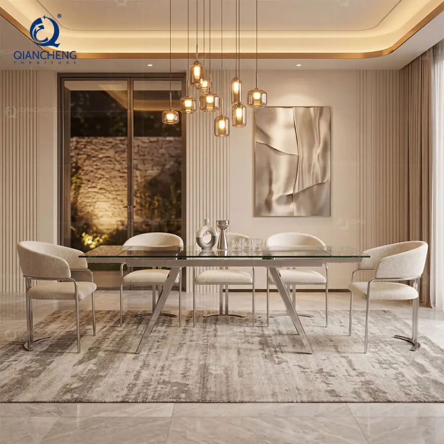 Wholesale Stainless Steel Dinner Table clear Glass Extending Dining Room Chairs and Tables Sets — image 3