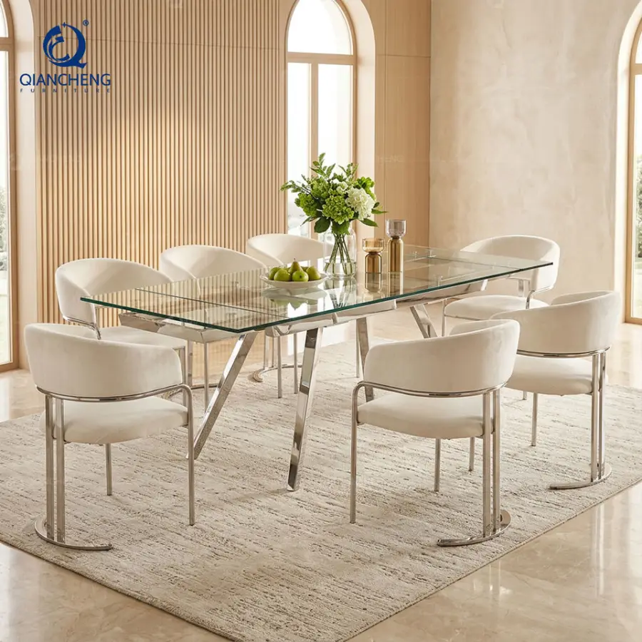 Wholesale Stainless Steel Dinner Table clear Glass Extending Dining Room Chairs and Tables Sets — image 4