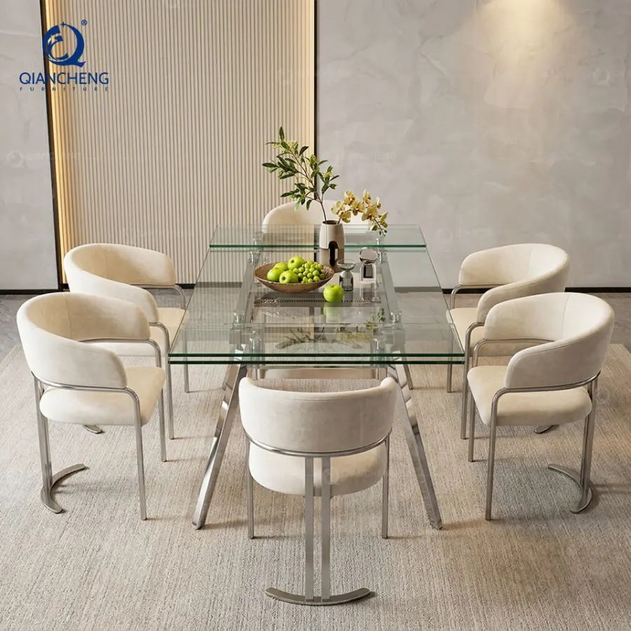 Wholesale Stainless Steel Dinner Table clear Glass Extending Dining Room Chairs and Tables Sets — image 5