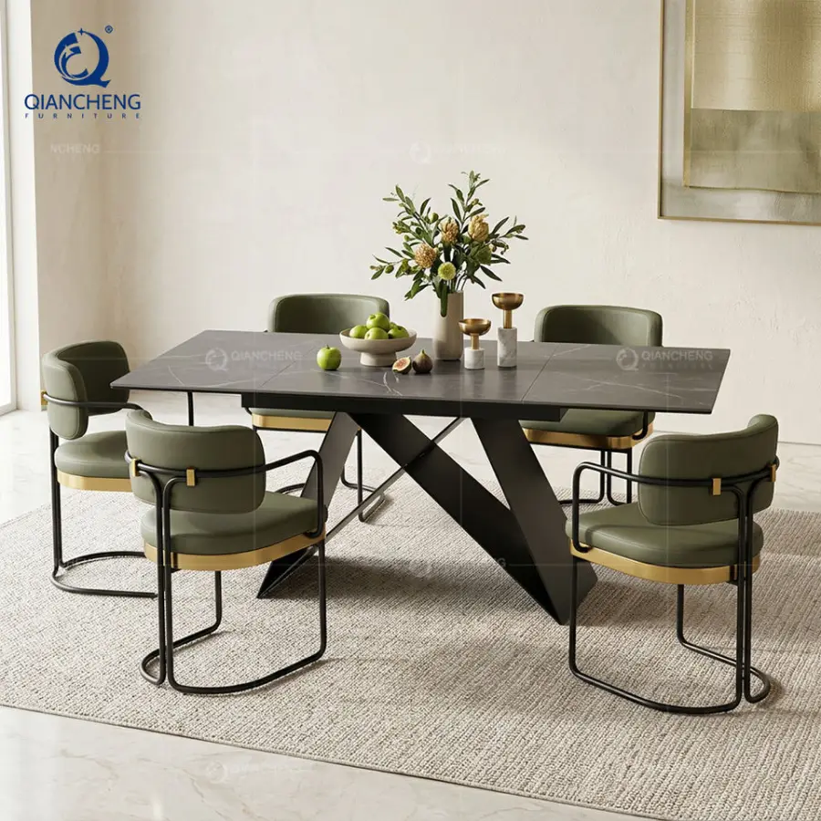 Italian Style Rock Board Dining Table and Chair Combination Imported Luxury Black Coated Painting Metal Feet Dining Tabl — view 1