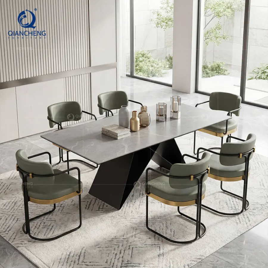 Italian Style Rock Board Dining Table and Chair Combination Imported Luxury Black Coated Painting Metal Feet Dining Table Set — image 3