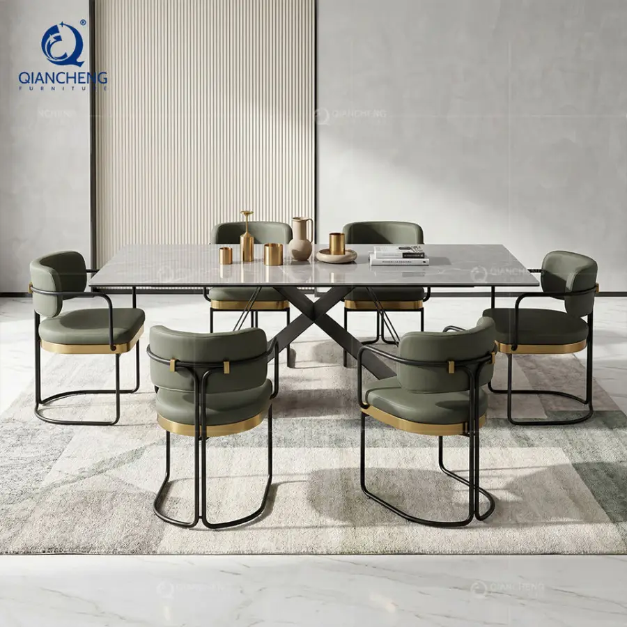 Italian Style Rock Board Dining Table and Chair Combination Imported Luxury Black Coated Painting Metal Feet Dining Table Set — image 4