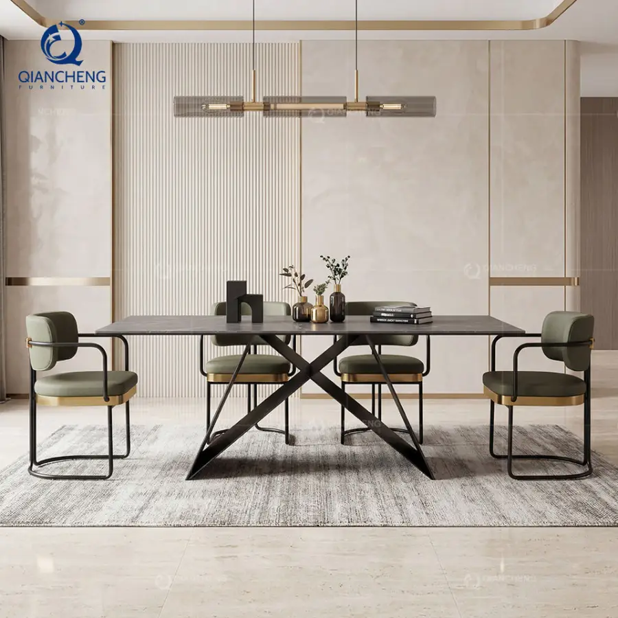 Italian Style Rock Board Dining Table and Chair Combination Imported Luxury Black Coated Painting Metal Feet Dining Table Set — image 5