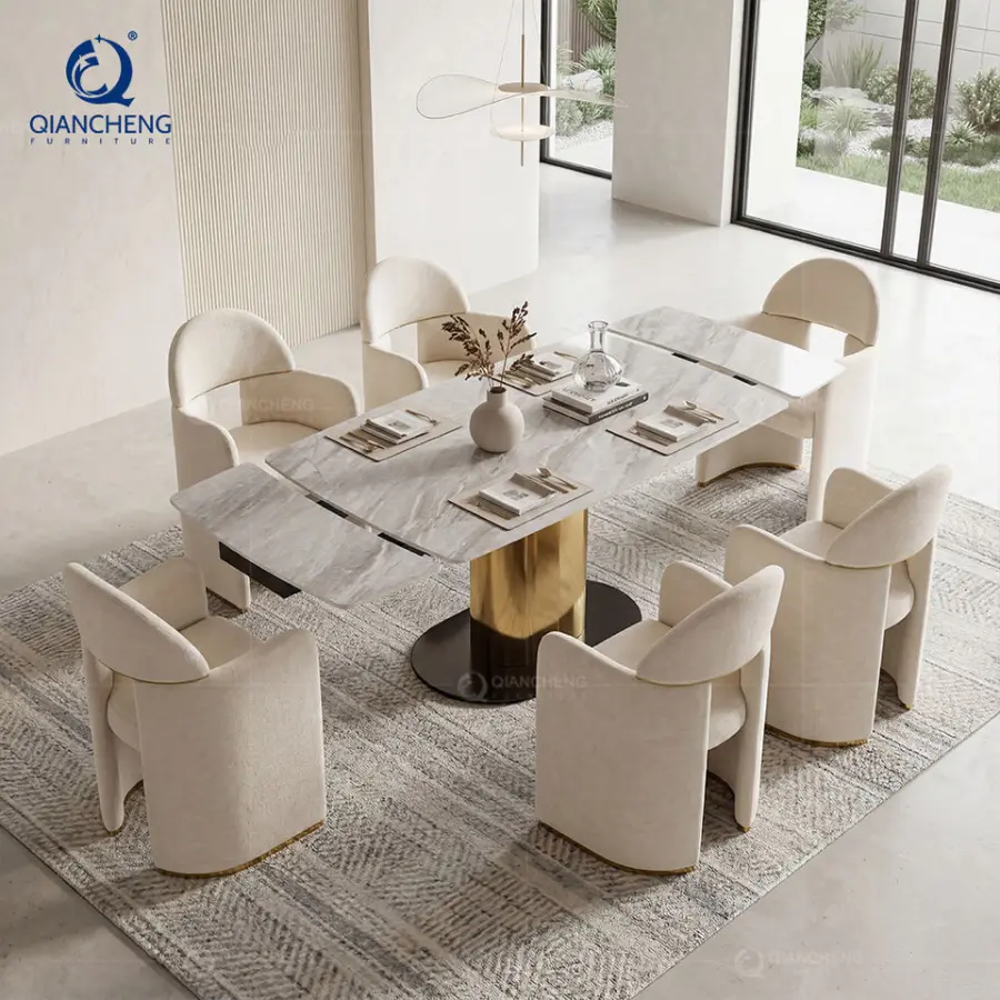 Modern Minimalist Rectangle Rock Slab Extendable Retractable Italian Dining Table Kitchen Living Room Use Dining Room Fu — view 1